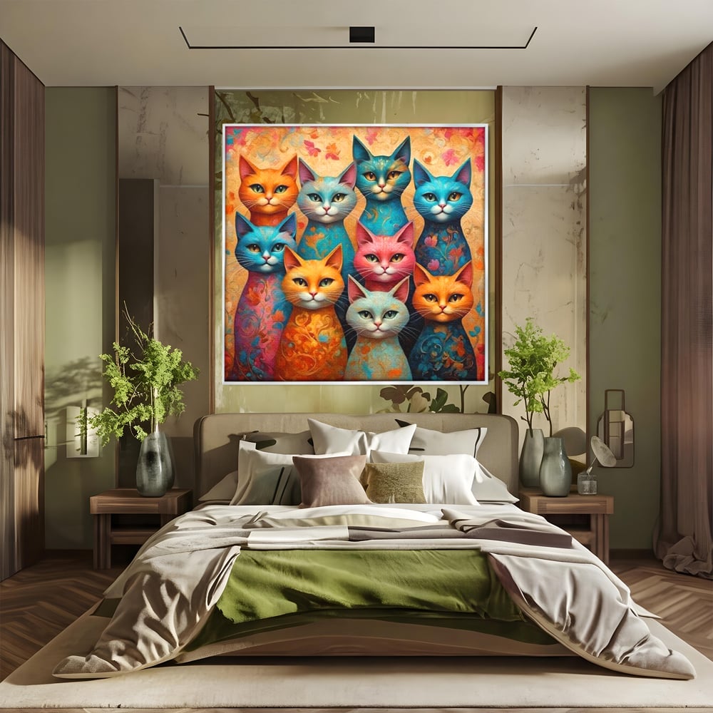 Leinwand Premium Canvas Wandkunst, LuxCanva® M1174, Pelzige Orchester, Katzen, Pastell, Gruppe, Familie, Mandala, Feline, Tiere, Abstrakt, Farbenfroh, Portrait, Büro, Wohnen, Kinderzimmer