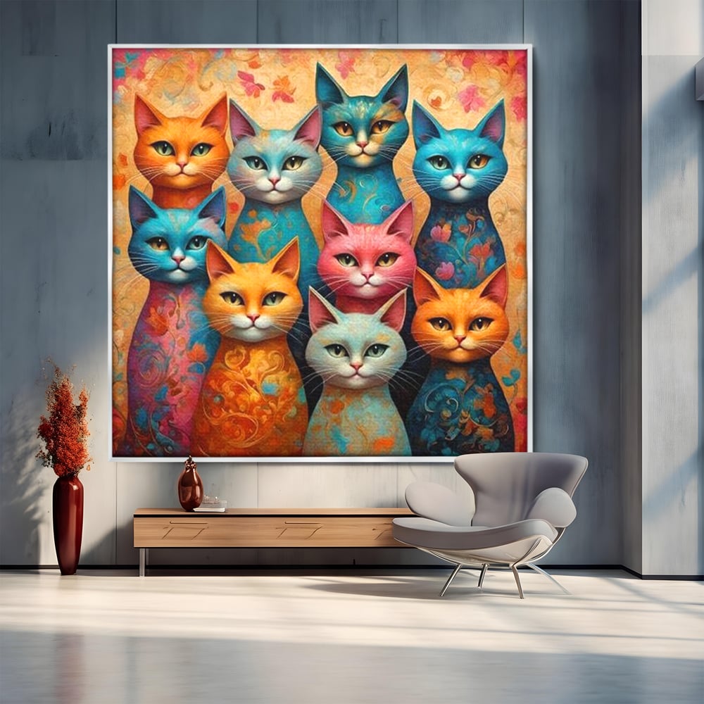 Leinwand Premium Canvas Wandkunst, LuxCanva® M1174, Pelzige Orchester, Katzen, Pastell, Gruppe, Familie, Mandala, Feline, Tiere, Abstrakt, Farbenfroh, Portrait, Büro, Wohnen, Kinderzimmer