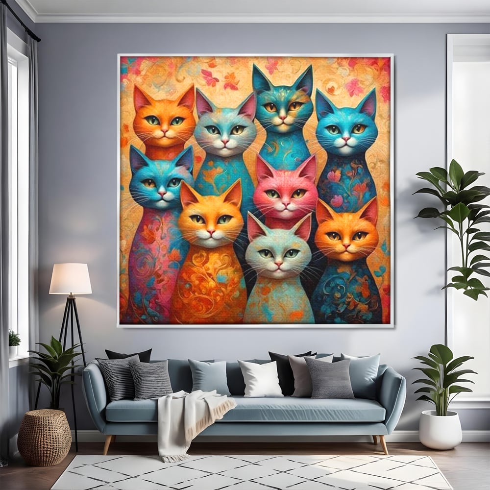 Leinwand Premium Canvas Wandkunst, LuxCanva® M1174, Pelzige Orchester, Katzen, Pastell, Gruppe, Familie, Mandala, Feline, Tiere, Abstrakt, Farbenfroh, Portrait, Büro, Wohnen, Kinderzimmer
