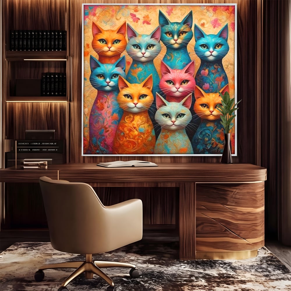 Leinwand Premium Canvas Wandkunst, LuxCanva® M1174, Pelzige Orchester, Katzen, Pastell, Gruppe, Familie, Mandala, Feline, Tiere, Abstrakt, Farbenfroh, Portrait, Büro, Wohnen, Kinderzimmer