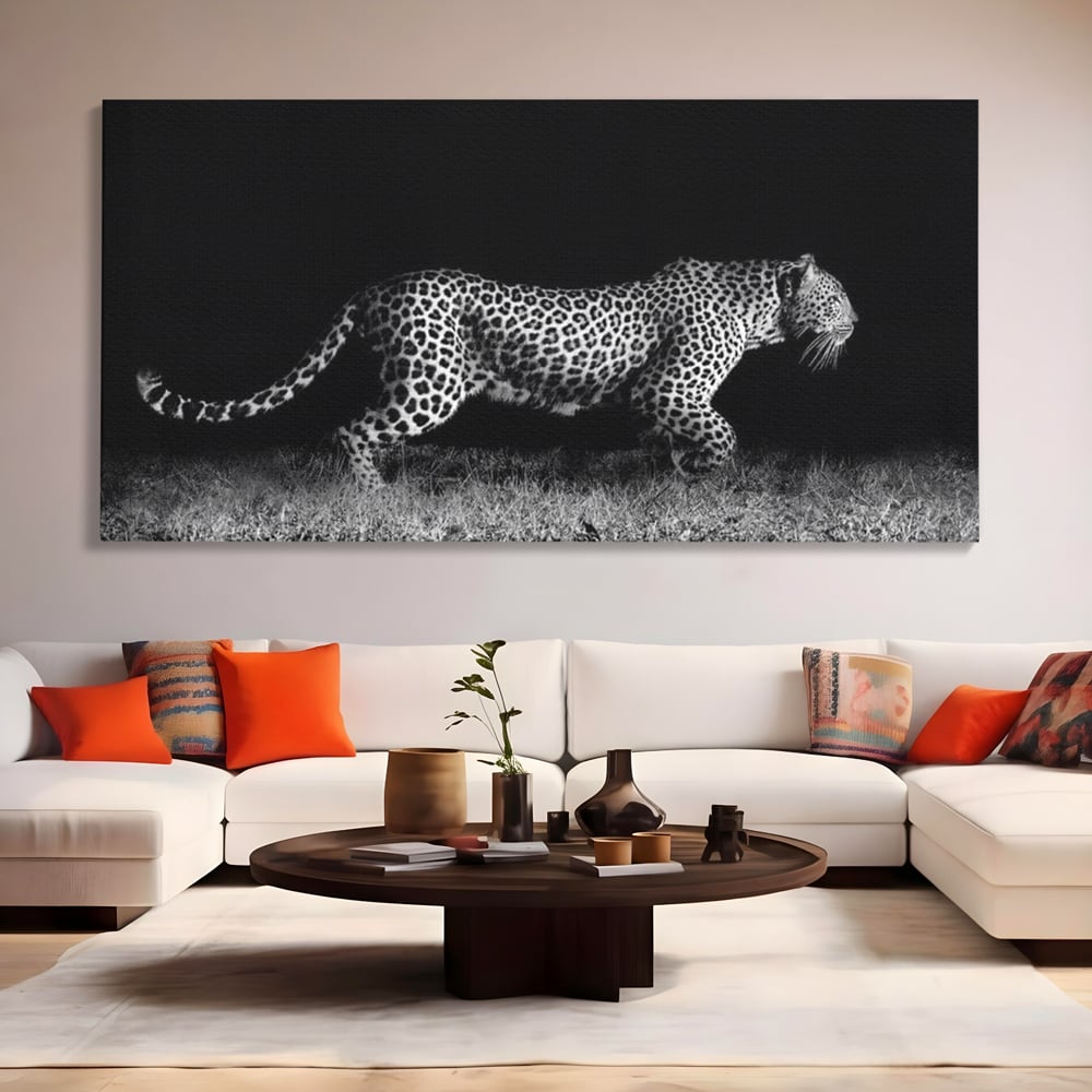 Tablou Canvas Premium, LuxCanva® M1175, Regele Nevazut, Jaguar, Nocturn, Felina, Vanatoare, Animal, Salbaticie, Jungla, Alb si Negru, Captura, Putere, Birou, Living, Camera Copil