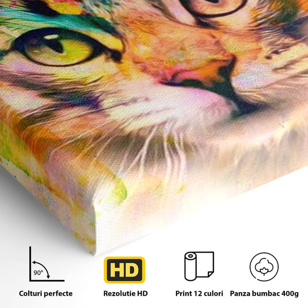 Tablou Canvas Premium, LuxCanva® M1176, Ganduri Colorate, Multicolor, Graffiti, Street Art, Pisica, Privire, Modern, Urban, Neon, Abstract, Energie, Birou, Living, Camera Copil
