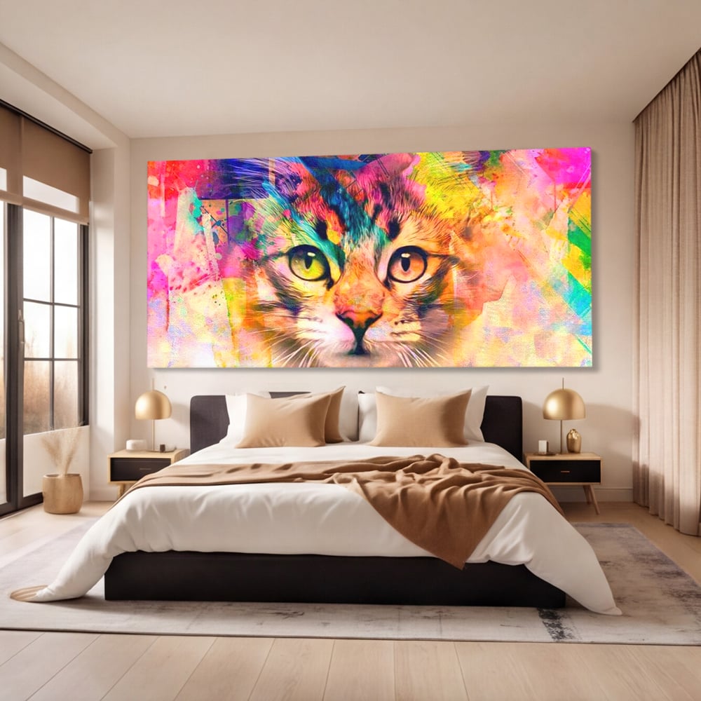Tablou Canvas Premium, LuxCanva® M1176, Ganduri Colorate, Multicolor, Graffiti, Street Art, Pisica, Privire, Modern, Urban, Neon, Abstract, Energie, Birou, Living, Camera Copil
