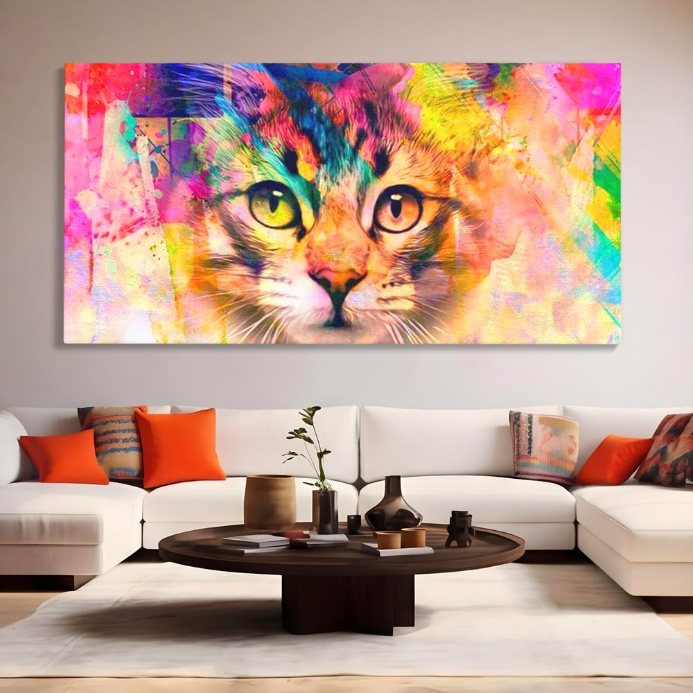 Tablou Canvas Premium, LuxCanva® M1176, Ganduri Colorate, Multicolor, Graffiti, Street Art, Pisica, Privire, Modern, Urban, Neon, Abstract, Energie, Birou, Living, Camera Copil