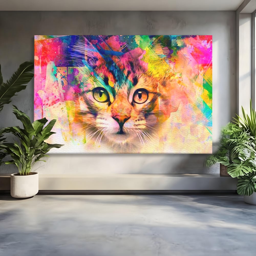 Tablou Canvas Premium, LuxCanva® M1176, Ganduri Colorate, Multicolor, Graffiti, Street Art, Pisica, Privire, Modern, Urban, Neon, Abstract, Energie, Birou, Living, Camera Copil