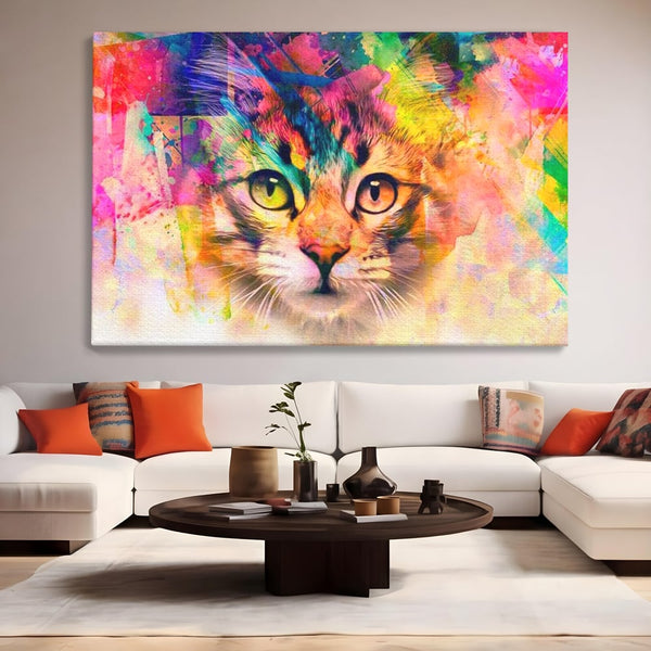 Tablou Canvas Premium, LuxCanva® M1176, Ganduri Colorate, Multicolor, Graffiti, Street Art, Pisica, Privire, Modern, Urban, Neon, Abstract, Energie, Birou, Living, Camera Copil