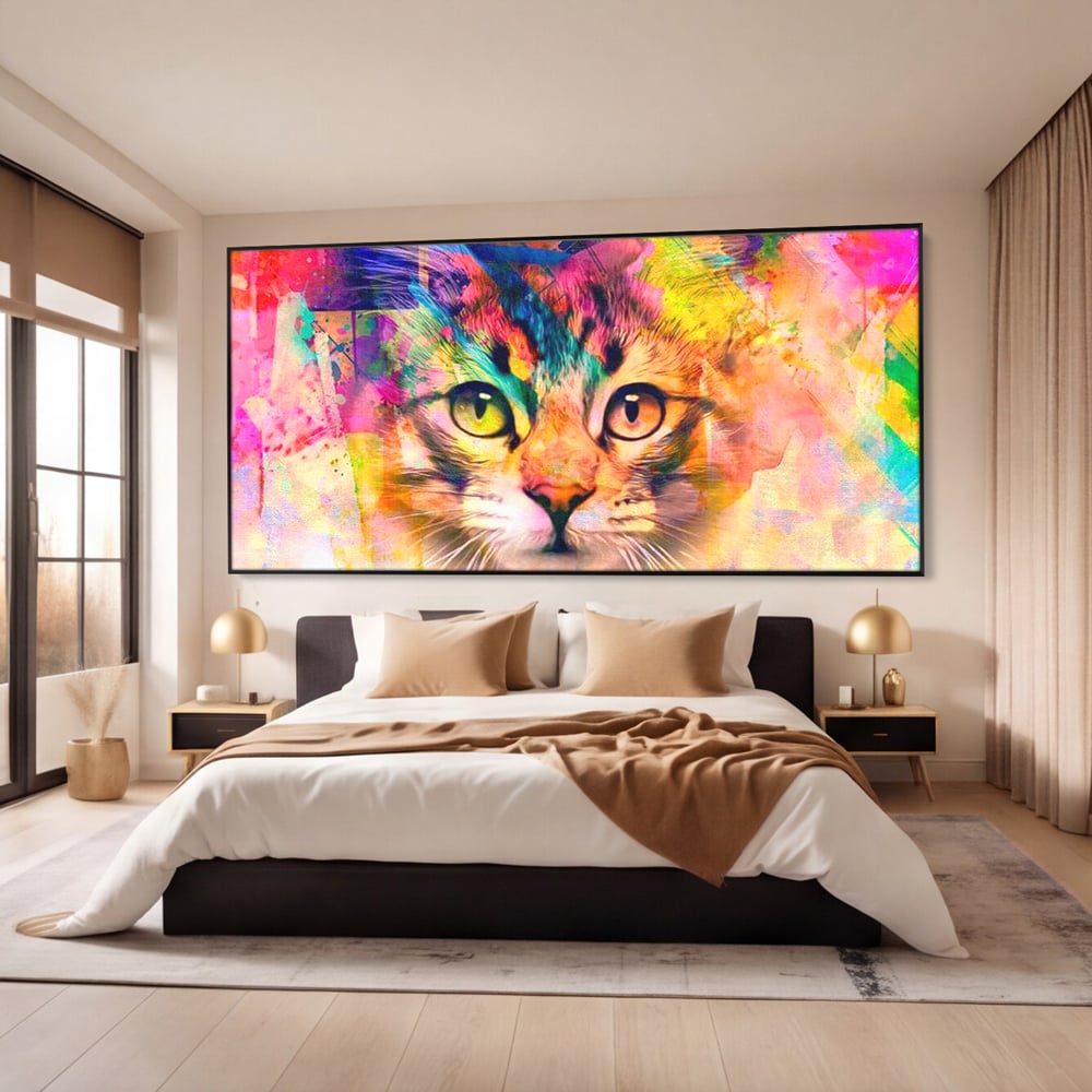 Tablou Canvas Premium, LuxCanva® M1176, Ganduri Colorate, Multicolor, Graffiti, Street Art, Pisica, Privire, Modern, Urban, Neon, Abstract, Energie, Birou, Living, Camera Copil