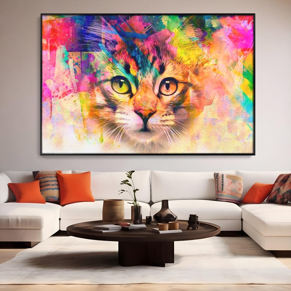 Tablou Canvas Premium, LuxCanva® M1176, Ganduri Colorate, Multicolor, Graffiti, Street Art, Pisica, Privire, Modern, Urban, Neon, Abstract, Energie, Birou, Living, Camera Copil