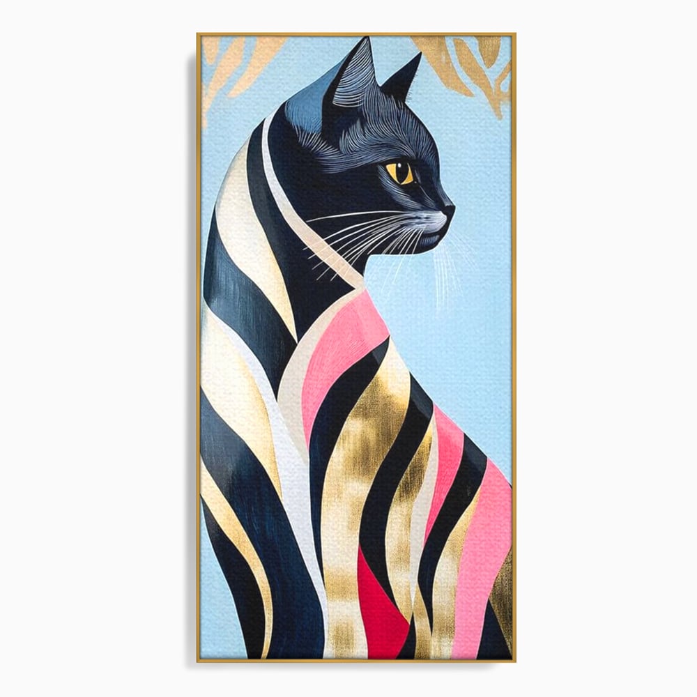 Tablou Canvas Premium, LuxCanva® M1177, Felina Sofisticata, Eleganta, Auriu, Grafica, Abstract, Pisica, Liniar, Pastel, Lux, Feminin, Desen, Modern, Birou, Living, Camera Copil