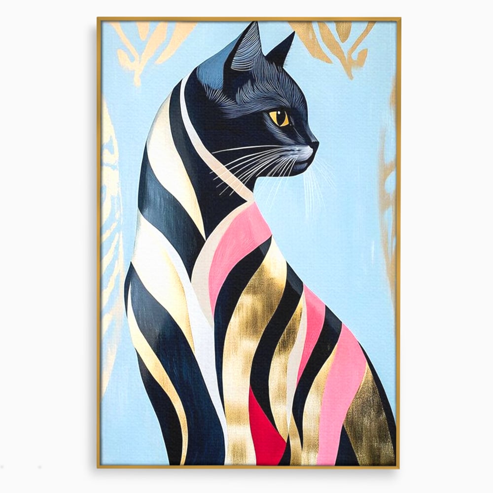 Tablou Canvas Premium, LuxCanva® M1177, Felina Sofisticata, Eleganta, Auriu, Grafica, Abstract, Pisica, Liniar, Pastel, Lux, Feminin, Desen, Modern, Birou, Living, Camera Copil
