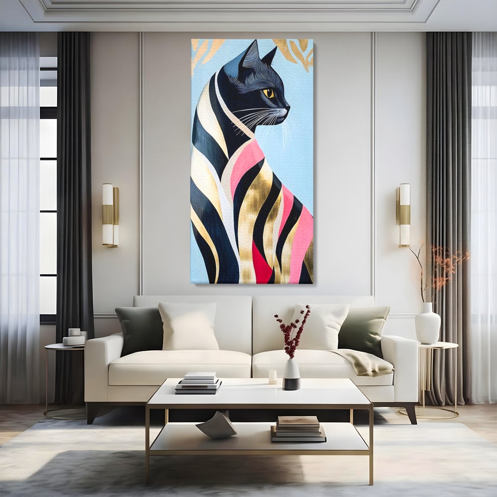 Tablou Canvas Premium, LuxCanva® M1177, Felina Sofisticata, Eleganta, Auriu, Grafica, Abstract, Pisica, Liniar, Pastel, Lux, Feminin, Desen, Modern, Birou, Living, Camera Copil