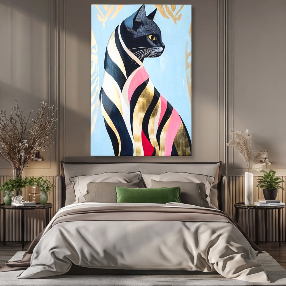 Tablou Canvas Premium, LuxCanva® M1177, Felina Sofisticata, Eleganta, Auriu, Grafica, Abstract, Pisica, Liniar, Pastel, Lux, Feminin, Desen, Modern, Birou, Living, Camera Copil