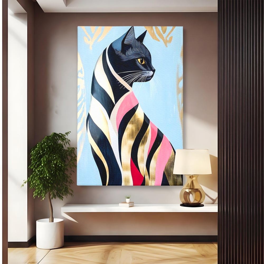 Tablou Canvas Premium, LuxCanva® M1177, Felina Sofisticata, Eleganta, Auriu, Grafica, Abstract, Pisica, Liniar, Pastel, Lux, Feminin, Desen, Modern, Birou, Living, Camera Copil