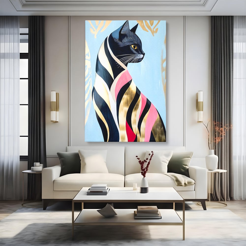 Tablou Canvas Premium, LuxCanva® M1177, Felina Sofisticata, Eleganta, Auriu, Grafica, Abstract, Pisica, Liniar, Pastel, Lux, Feminin, Desen, Modern, Birou, Living, Camera Copil