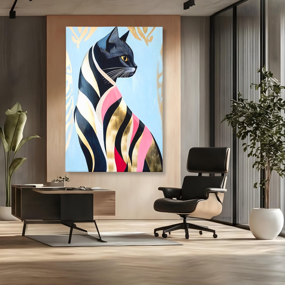 Tablou Canvas Premium, LuxCanva® M1177, Felina Sofisticata, Eleganta, Auriu, Grafica, Abstract, Pisica, Liniar, Pastel, Lux, Feminin, Desen, Modern, Birou, Living, Camera Copil