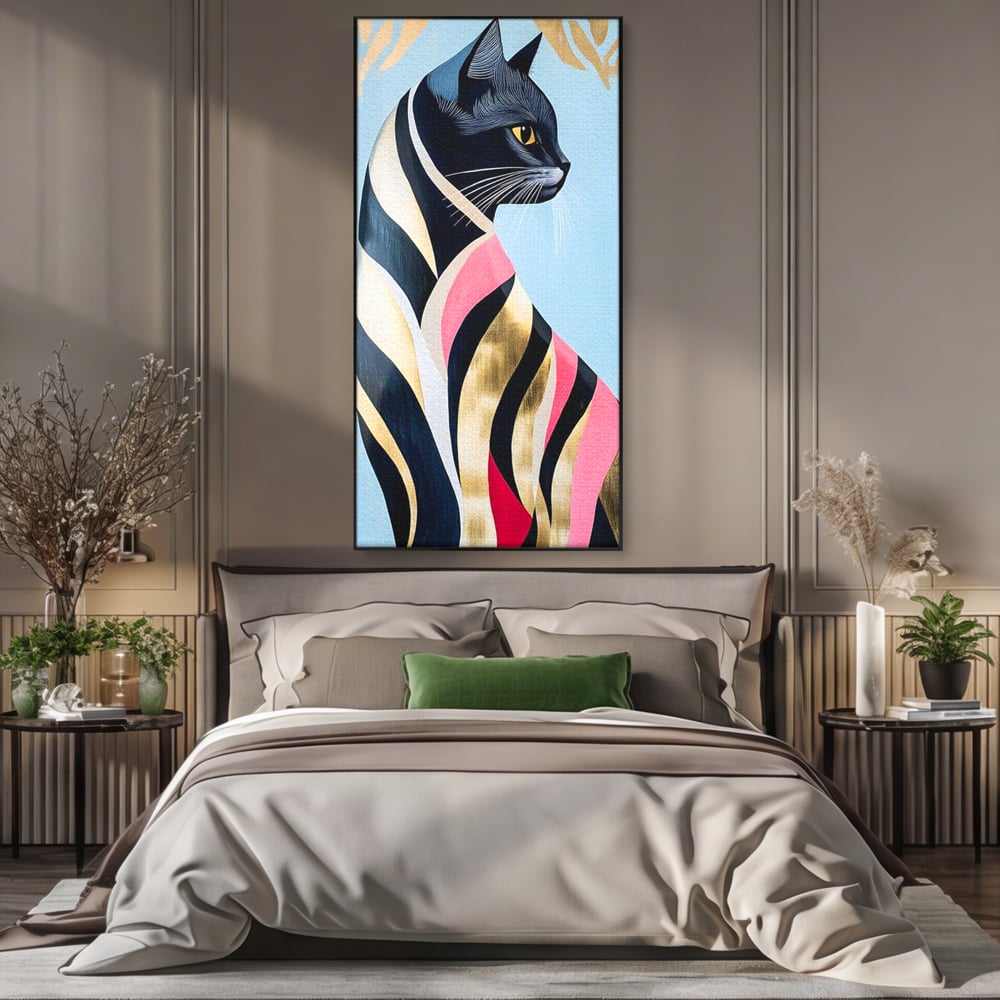 Tablou Canvas Premium, LuxCanva® M1177, Felina Sofisticata, Eleganta, Auriu, Grafica, Abstract, Pisica, Liniar, Pastel, Lux, Feminin, Desen, Modern, Birou, Living, Camera Copil