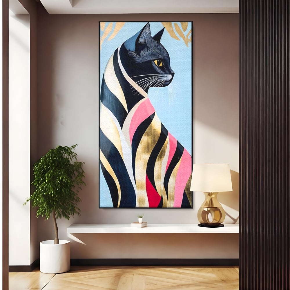 Tablou Canvas Premium, LuxCanva® M1177, Felina Sofisticata, Eleganta, Auriu, Grafica, Abstract, Pisica, Liniar, Pastel, Lux, Feminin, Desen, Modern, Birou, Living, Camera Copil