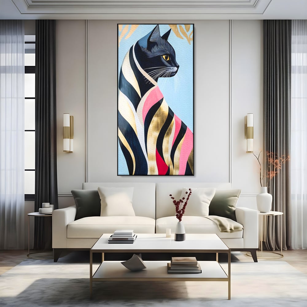Tablou Canvas Premium, LuxCanva® M1177, Felina Sofisticata, Eleganta, Auriu, Grafica, Abstract, Pisica, Liniar, Pastel, Lux, Feminin, Desen, Modern, Birou, Living, Camera Copil