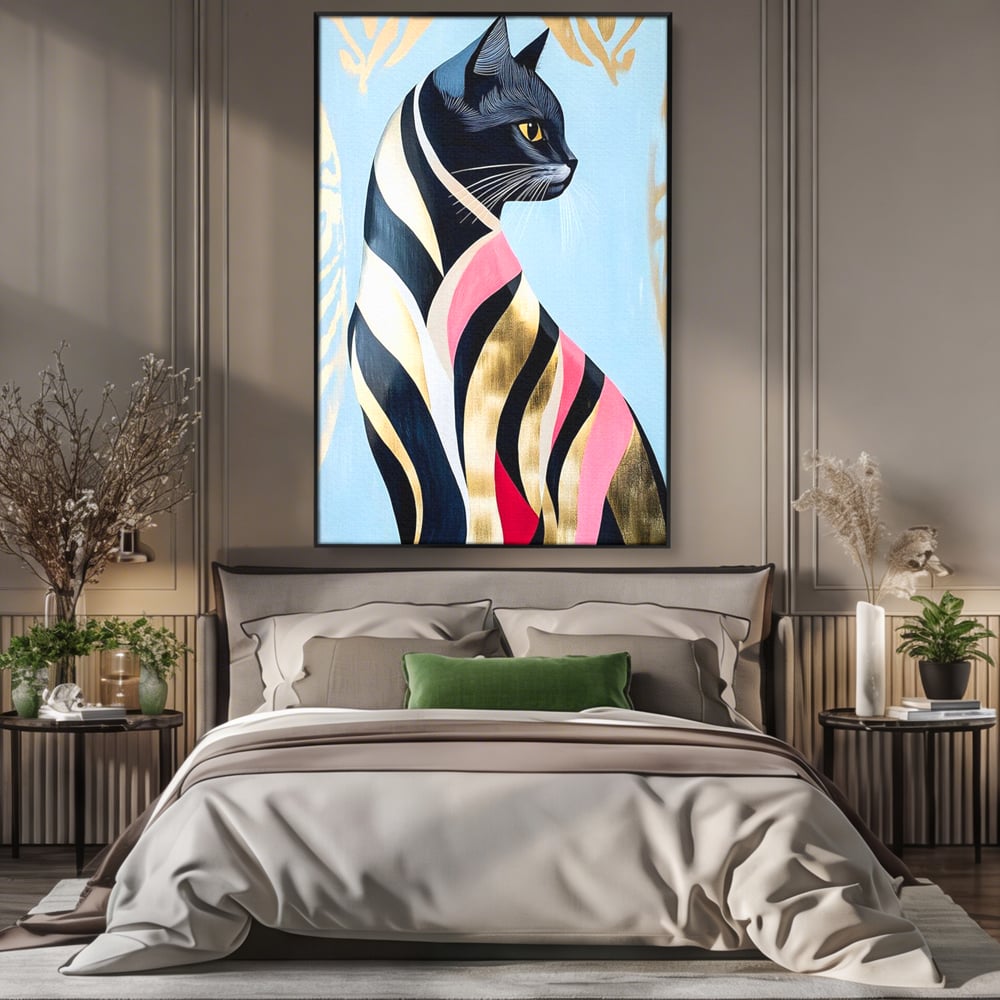 Tablou Canvas Premium, LuxCanva® M1177, Felina Sofisticata, Eleganta, Auriu, Grafica, Abstract, Pisica, Liniar, Pastel, Lux, Feminin, Desen, Modern, Birou, Living, Camera Copil
