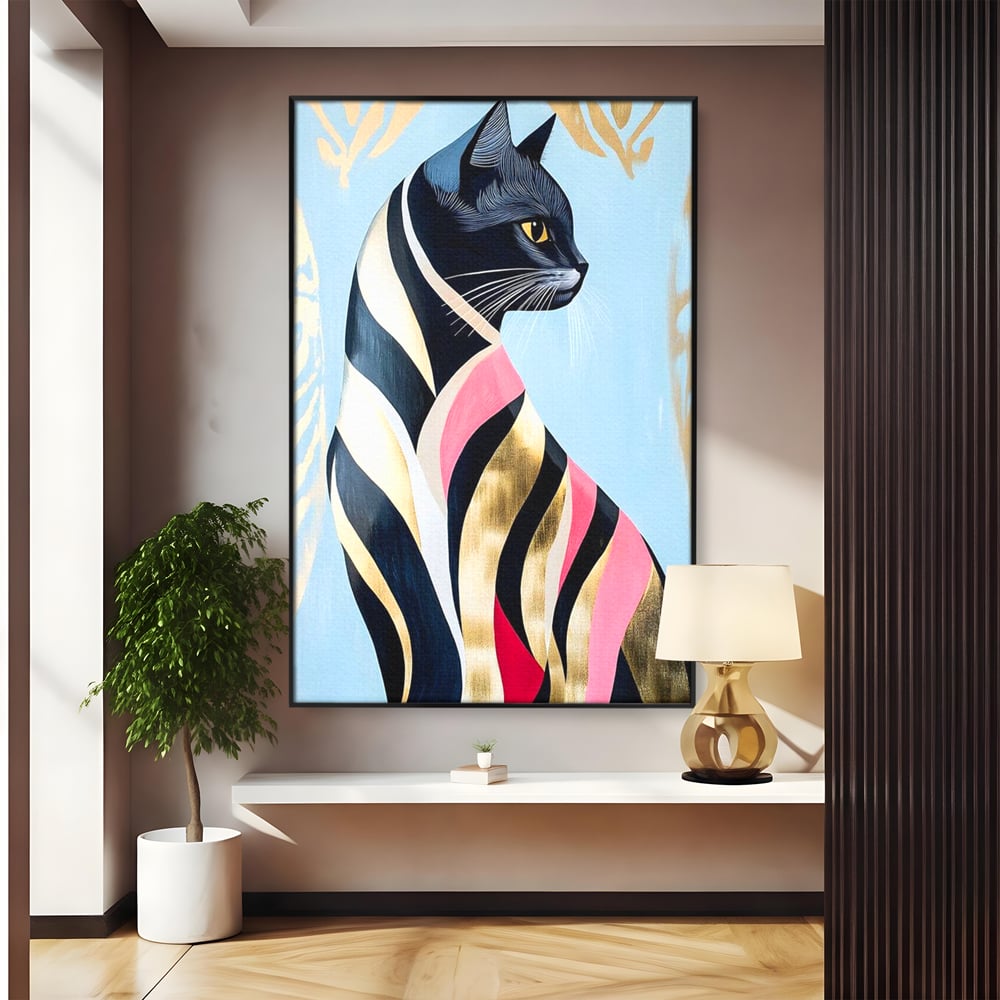 Tablou Canvas Premium, LuxCanva® M1177, Felina Sofisticata, Eleganta, Auriu, Grafica, Abstract, Pisica, Liniar, Pastel, Lux, Feminin, Desen, Modern, Birou, Living, Camera Copil