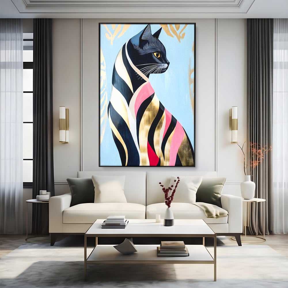 Tablou Canvas Premium, LuxCanva® M1177, Felina Sofisticata, Eleganta, Auriu, Grafica, Abstract, Pisica, Liniar, Pastel, Lux, Feminin, Desen, Modern, Birou, Living, Camera Copil