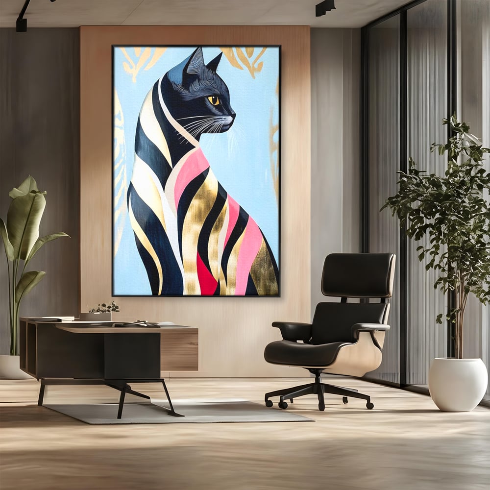 Tablou Canvas Premium, LuxCanva® M1177, Felina Sofisticata, Eleganta, Auriu, Grafica, Abstract, Pisica, Liniar, Pastel, Lux, Feminin, Desen, Modern, Birou, Living, Camera Copil
