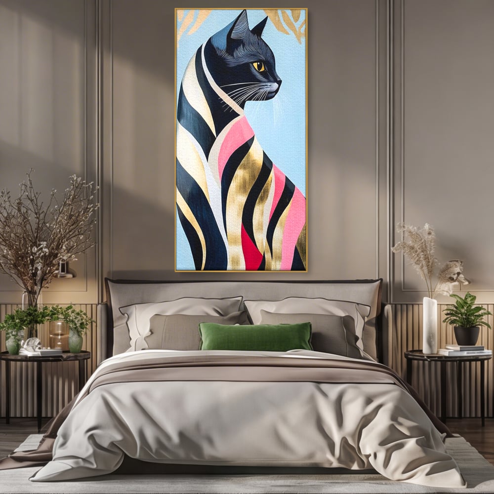 Tablou Canvas Premium, LuxCanva® M1177, Felina Sofisticata, Eleganta, Auriu, Grafica, Abstract, Pisica, Liniar, Pastel, Lux, Feminin, Desen, Modern, Birou, Living, Camera Copil