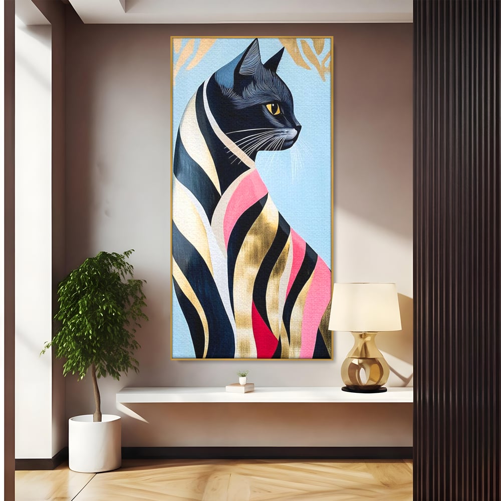 Tablou Canvas Premium, LuxCanva® M1177, Felina Sofisticata, Eleganta, Auriu, Grafica, Abstract, Pisica, Liniar, Pastel, Lux, Feminin, Desen, Modern, Birou, Living, Camera Copil
