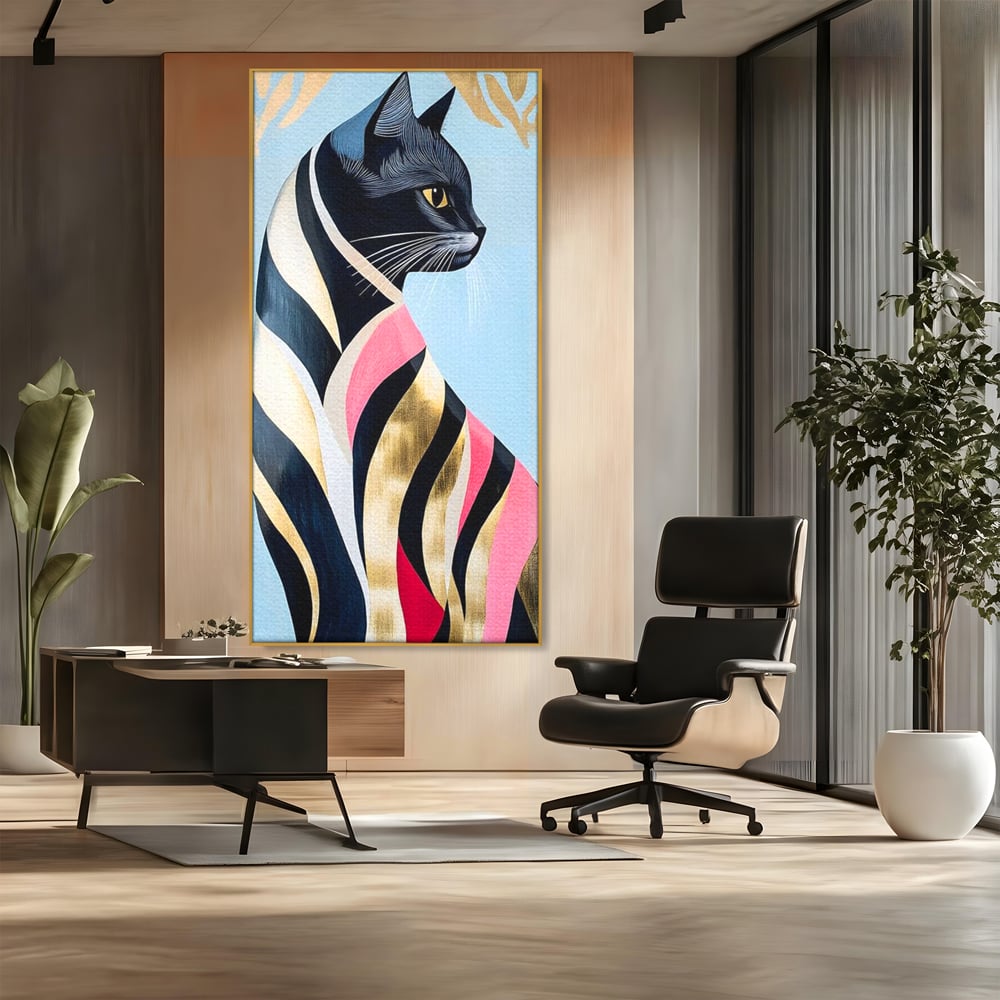 Tablou Canvas Premium, LuxCanva® M1177, Felina Sofisticata, Eleganta, Auriu, Grafica, Abstract, Pisica, Liniar, Pastel, Lux, Feminin, Desen, Modern, Birou, Living, Camera Copil
