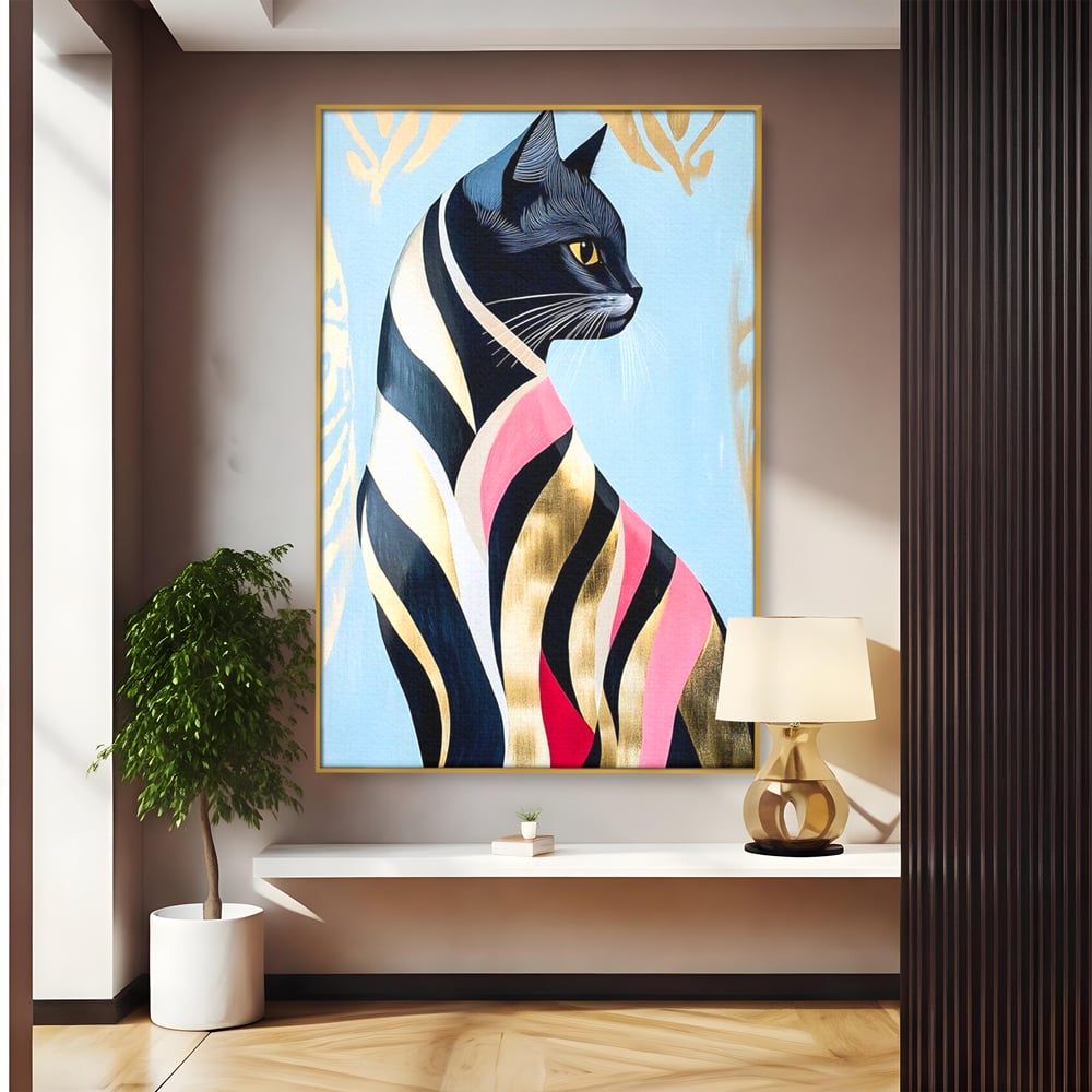 Tablou Canvas Premium, LuxCanva® M1177, Felina Sofisticata, Eleganta, Auriu, Grafica, Abstract, Pisica, Liniar, Pastel, Lux, Feminin, Desen, Modern, Birou, Living, Camera Copil