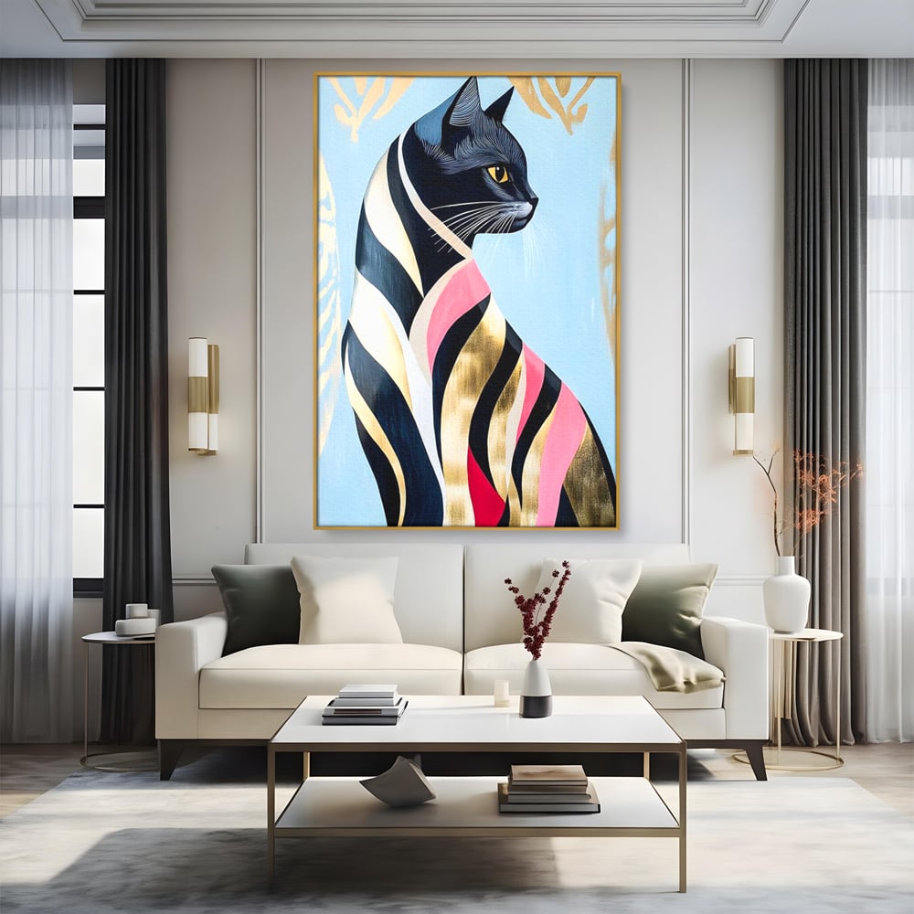 Tablou Canvas Premium, LuxCanva® M1177, Felina Sofisticata, Eleganta, Auriu, Grafica, Abstract, Pisica, Liniar, Pastel, Lux, Feminin, Desen, Modern, Birou, Living, Camera Copil
