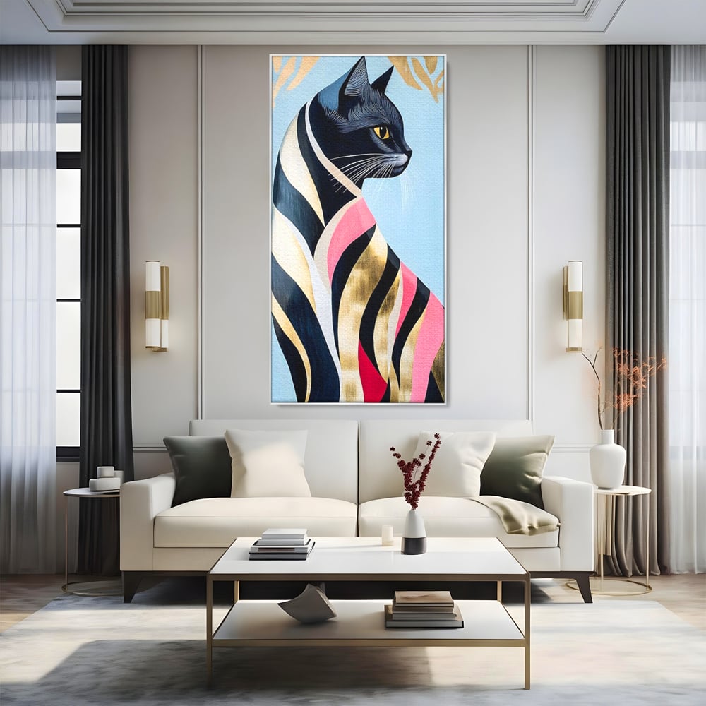 Tablou Canvas Premium, LuxCanva® M1177, Felina Sofisticata, Eleganta, Auriu, Grafica, Abstract, Pisica, Liniar, Pastel, Lux, Feminin, Desen, Modern, Birou, Living, Camera Copil