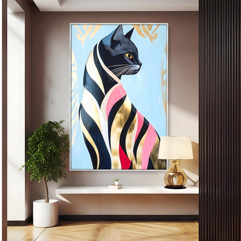 Tablou Canvas Premium, LuxCanva® M1177, Felina Sofisticata, Eleganta, Auriu, Grafica, Abstract, Pisica, Liniar, Pastel, Lux, Feminin, Desen, Modern, Birou, Living, Camera Copil