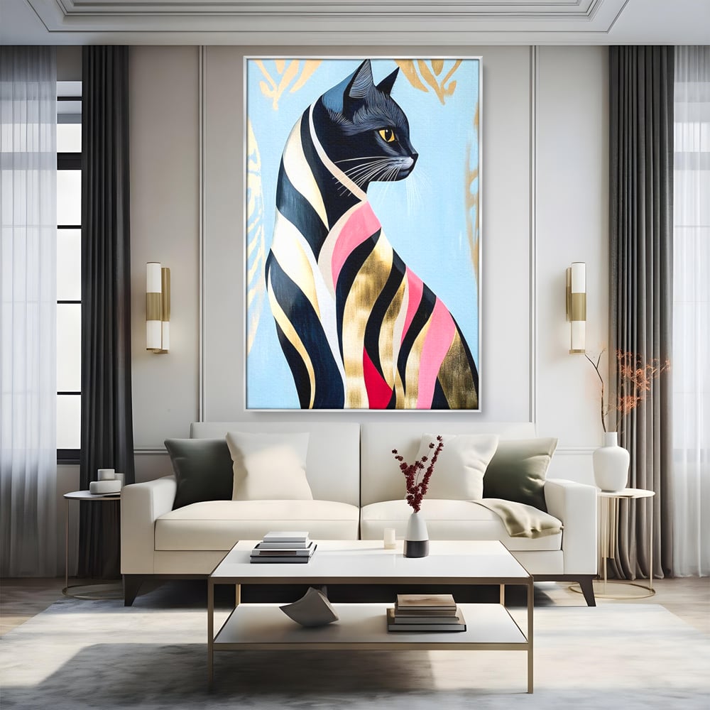 Tablou Canvas Premium, LuxCanva® M1177, Felina Sofisticata, Eleganta, Auriu, Grafica, Abstract, Pisica, Liniar, Pastel, Lux, Feminin, Desen, Modern, Birou, Living, Camera Copil