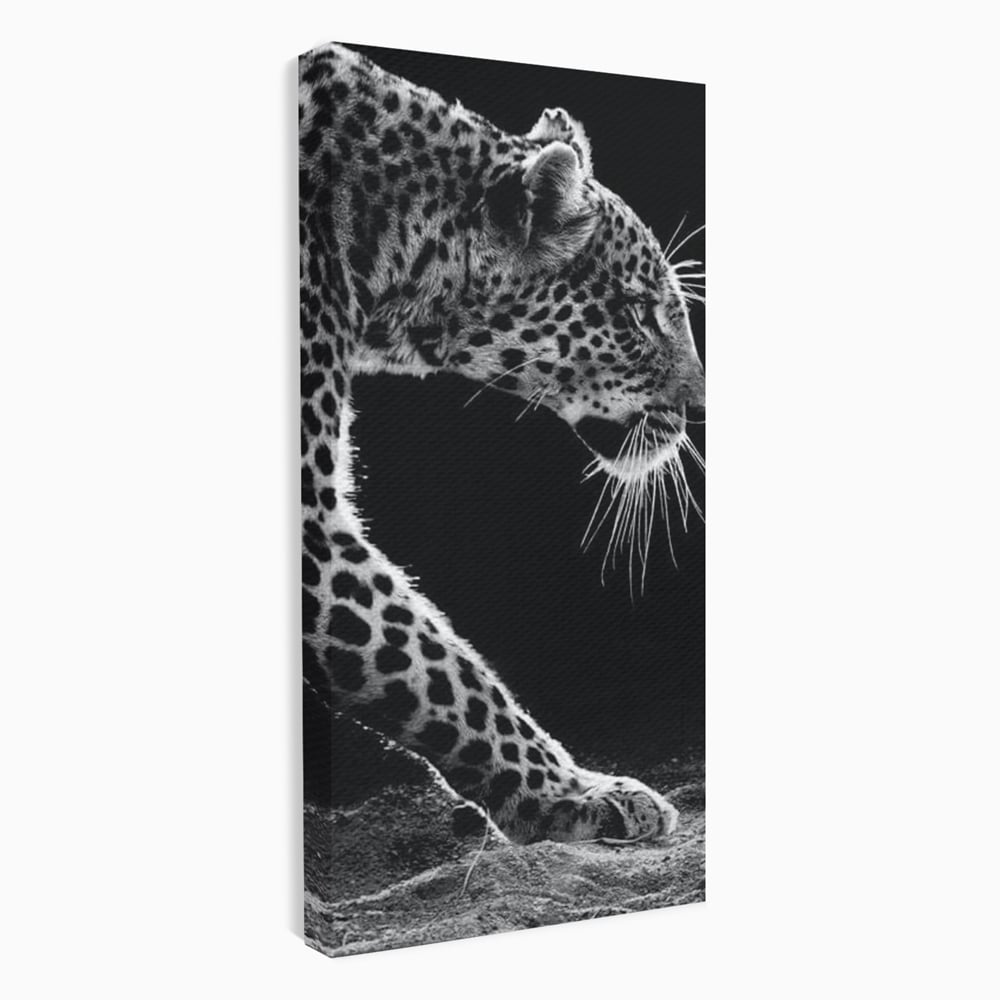 Tablou Canvas Premium, LuxCanva® M1178, Clipa de Atac, Leopard, Vanator, Salbatic, Alb si Negru, Profil, Felina, Portret, Atac, Realist, Puternic, Birou, Living, Camera Copil