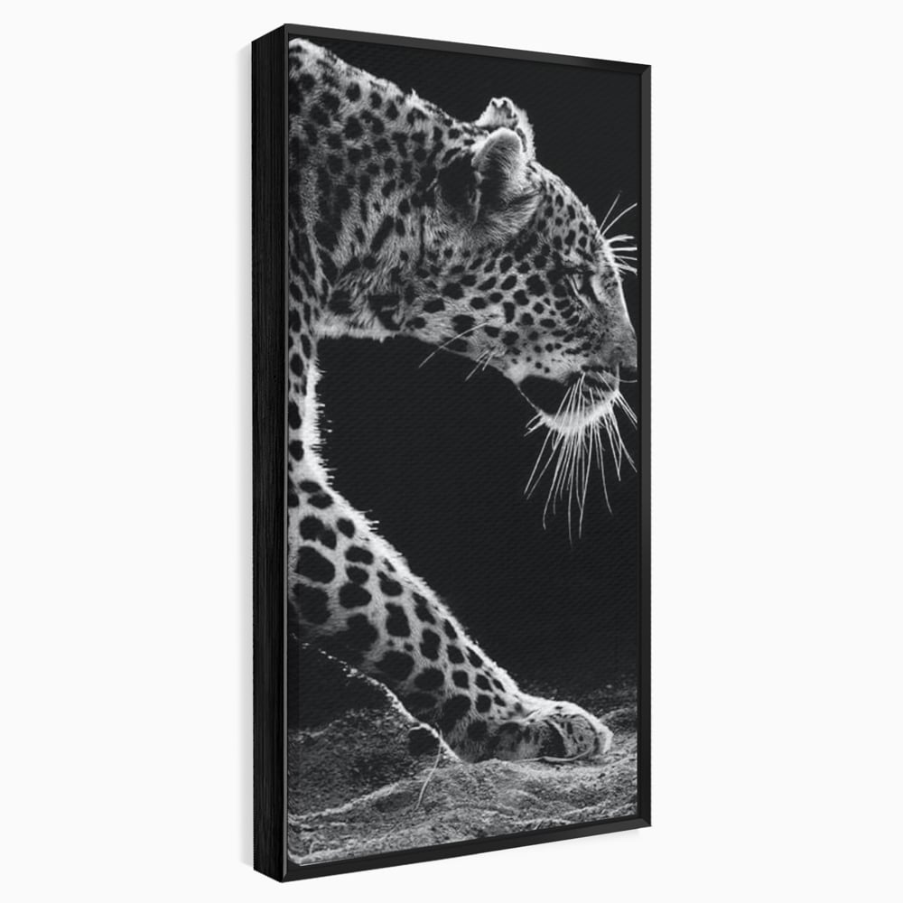Tablou Canvas Premium, LuxCanva® M1178, Clipa de Atac, Leopard, Vanator, Salbatic, Alb si Negru, Profil, Felina, Portret, Atac, Realist, Puternic, Birou, Living, Camera Copil
