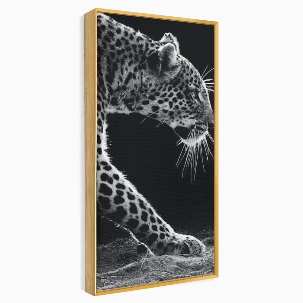 Tablou Canvas Premium, LuxCanva® M1178, Clipa de Atac, Leopard, Vanator, Salbatic, Alb si Negru, Profil, Felina, Portret, Atac, Realist, Puternic, Birou, Living, Camera Copil