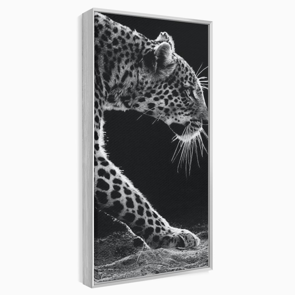 Tablou Canvas Premium, LuxCanva® M1178, Clipa de Atac, Leopard, Vanator, Salbatic, Alb si Negru, Profil, Felina, Portret, Atac, Realist, Puternic, Birou, Living, Camera Copil