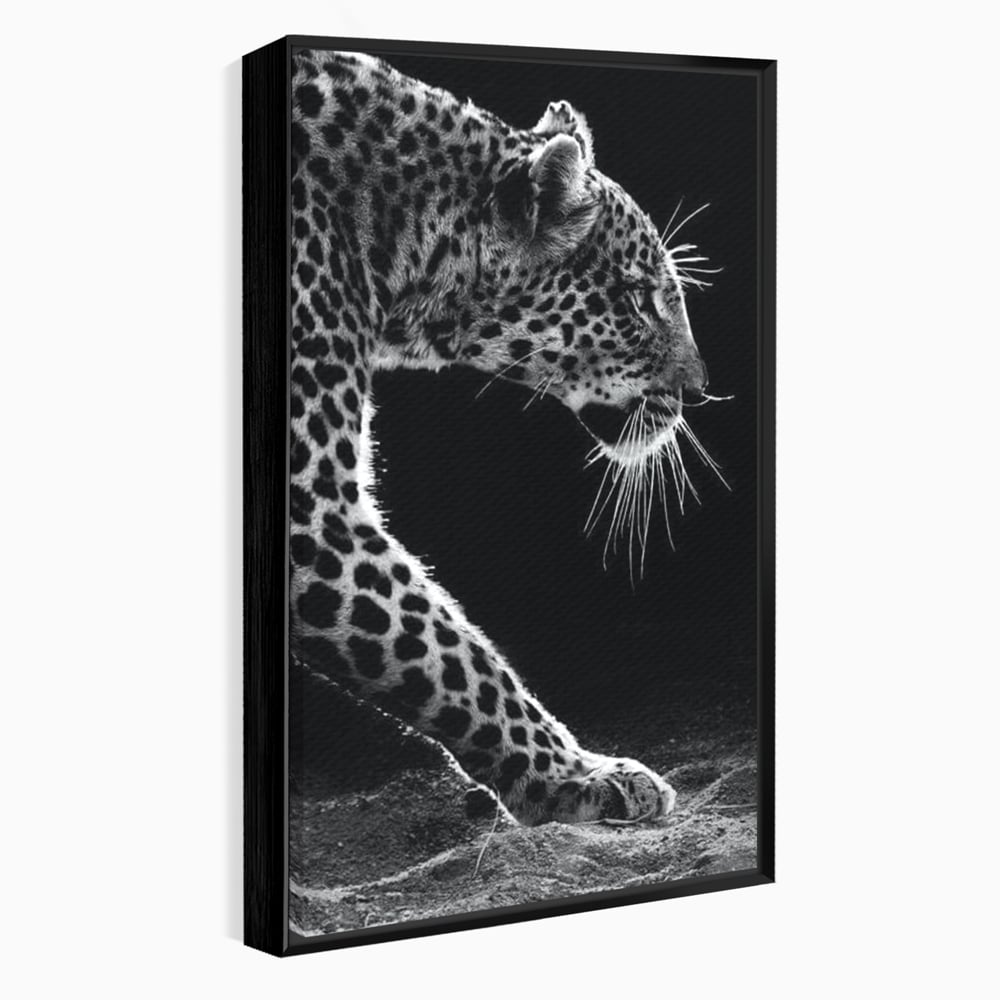Tablou Canvas Premium, LuxCanva® M1178, Clipa de Atac, Leopard, Vanator, Salbatic, Alb si Negru, Profil, Felina, Portret, Atac, Realist, Puternic, Birou, Living, Camera Copil