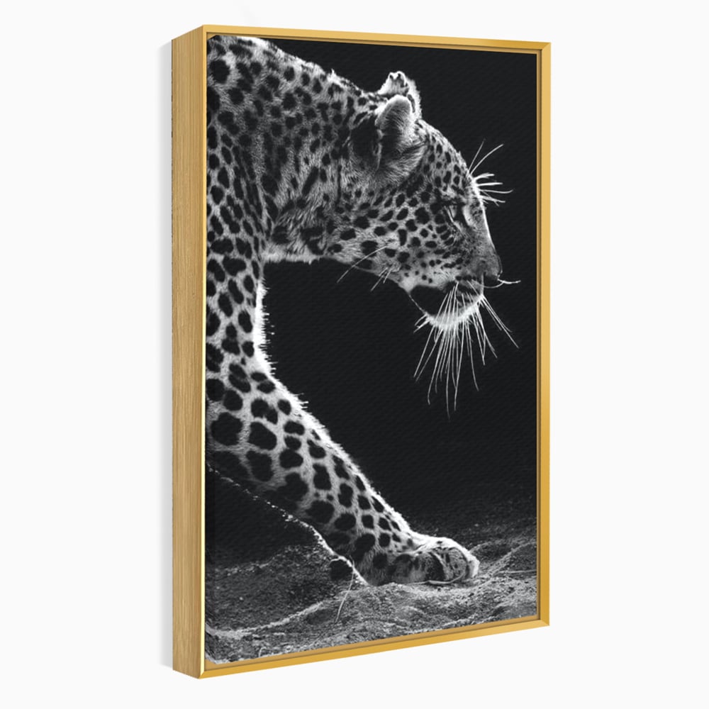 Tablou Canvas Premium, LuxCanva® M1178, Clipa de Atac, Leopard, Vanator, Salbatic, Alb si Negru, Profil, Felina, Portret, Atac, Realist, Puternic, Birou, Living, Camera Copil