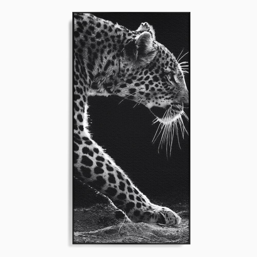 Tablou Canvas Premium, LuxCanva® M1178, Clipa de Atac, Leopard, Vanator, Salbatic, Alb si Negru, Profil, Felina, Portret, Atac, Realist, Puternic, Birou, Living, Camera Copil