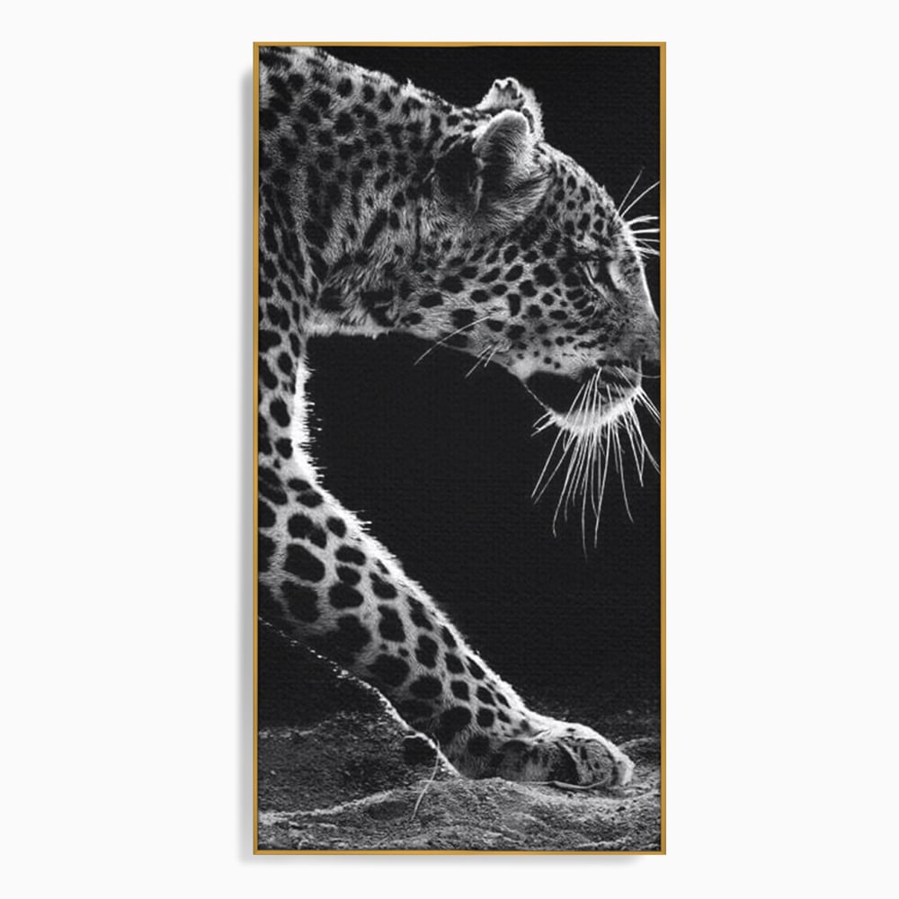 Tablou Canvas Premium, LuxCanva® M1178, Clipa de Atac, Leopard, Vanator, Salbatic, Alb si Negru, Profil, Felina, Portret, Atac, Realist, Puternic, Birou, Living, Camera Copil