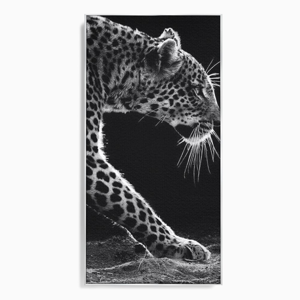 Tablou Canvas Premium, LuxCanva® M1178, Clipa de Atac, Leopard, Vanator, Salbatic, Alb si Negru, Profil, Felina, Portret, Atac, Realist, Puternic, Birou, Living, Camera Copil
