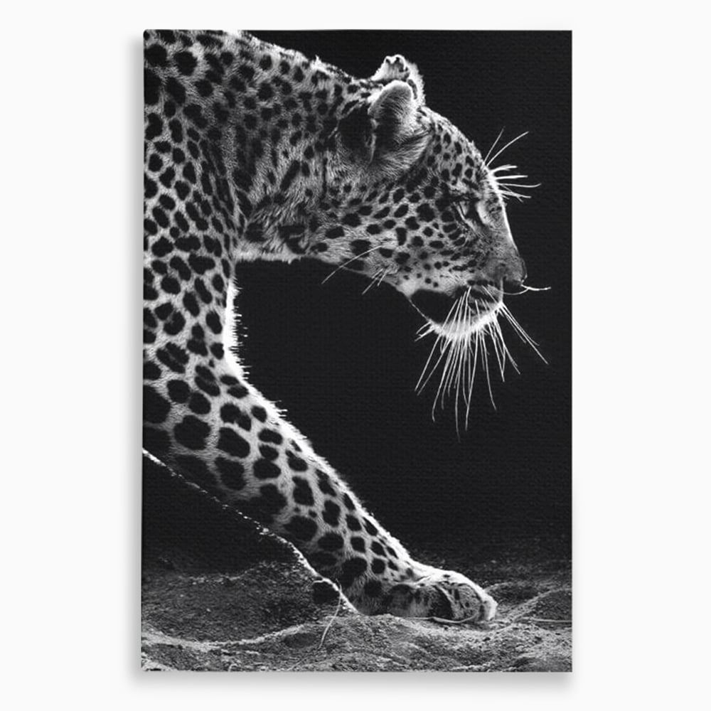 Tablou Canvas Premium, LuxCanva® M1178, Clipa de Atac, Leopard, Vanator, Salbatic, Alb si Negru, Profil, Felina, Portret, Atac, Realist, Puternic, Birou, Living, Camera Copil