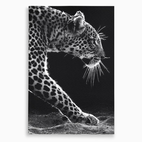 Tablou Canvas Premium, LuxCanva® M1178, Clipa de Atac, Leopard, Vanator, Salbatic, Alb si Negru, Profil, Felina, Portret, Atac, Realist, Puternic, Birou, Living, Camera Copil