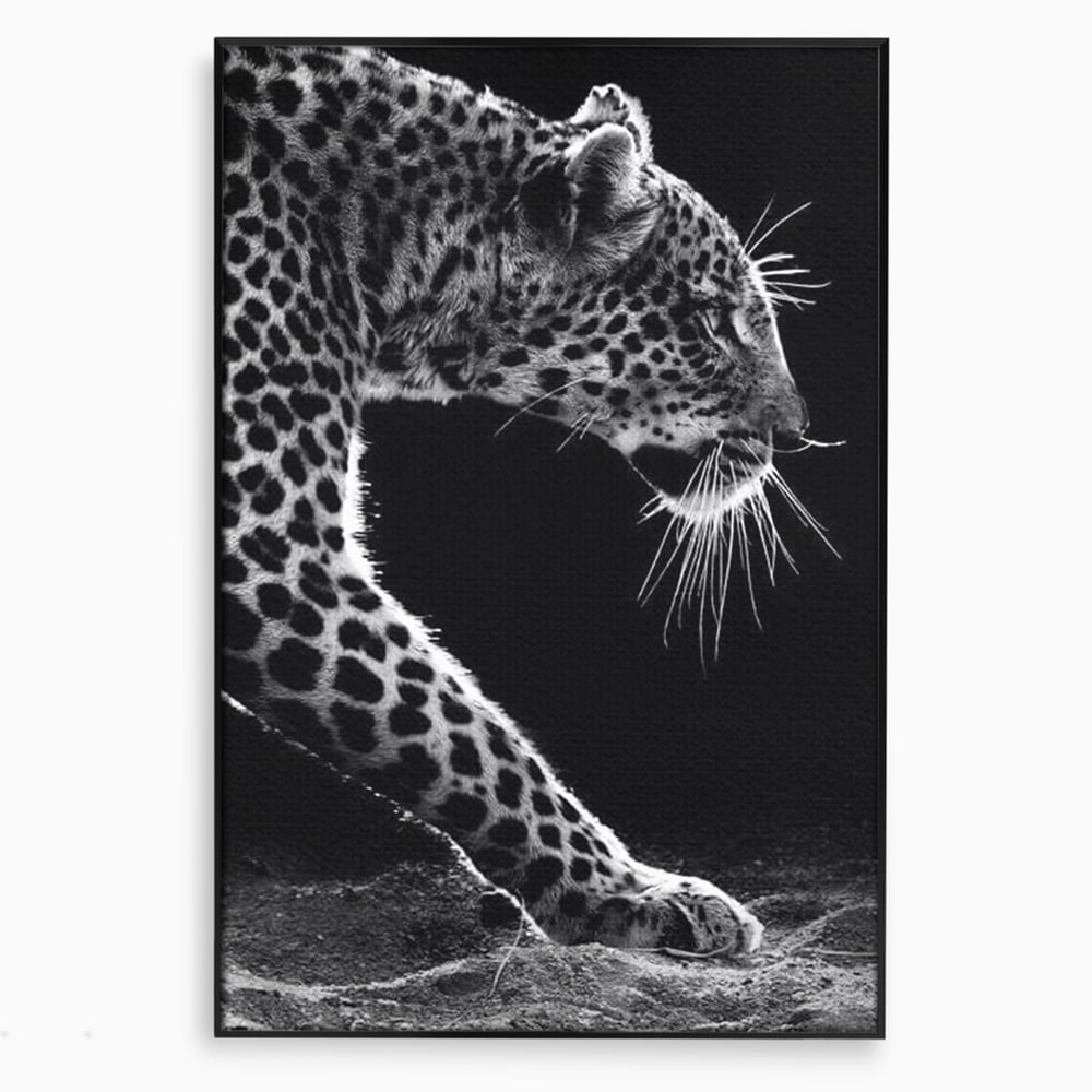 Tablou Canvas Premium, LuxCanva® M1178, Clipa de Atac, Leopard, Vanator, Salbatic, Alb si Negru, Profil, Felina, Portret, Atac, Realist, Puternic, Birou, Living, Camera Copil