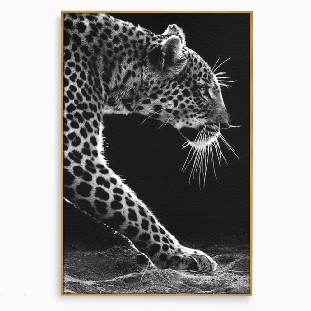 Tablou Canvas Premium, LuxCanva® M1178, Clipa de Atac, Leopard, Vanator, Salbatic, Alb si Negru, Profil, Felina, Portret, Atac, Realist, Puternic, Birou, Living, Camera Copil
