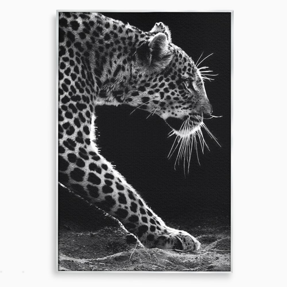 Tablou Canvas Premium, LuxCanva® M1178, Clipa de Atac, Leopard, Vanator, Salbatic, Alb si Negru, Profil, Felina, Portret, Atac, Realist, Puternic, Birou, Living, Camera Copil