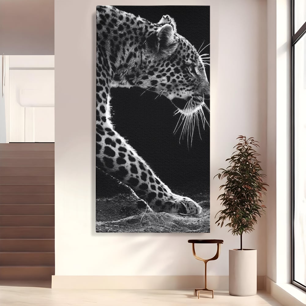 Tablou Canvas Premium, LuxCanva® M1178, Clipa de Atac, Leopard, Vanator, Salbatic, Alb si Negru, Profil, Felina, Portret, Atac, Realist, Puternic, Birou, Living, Camera Copil
