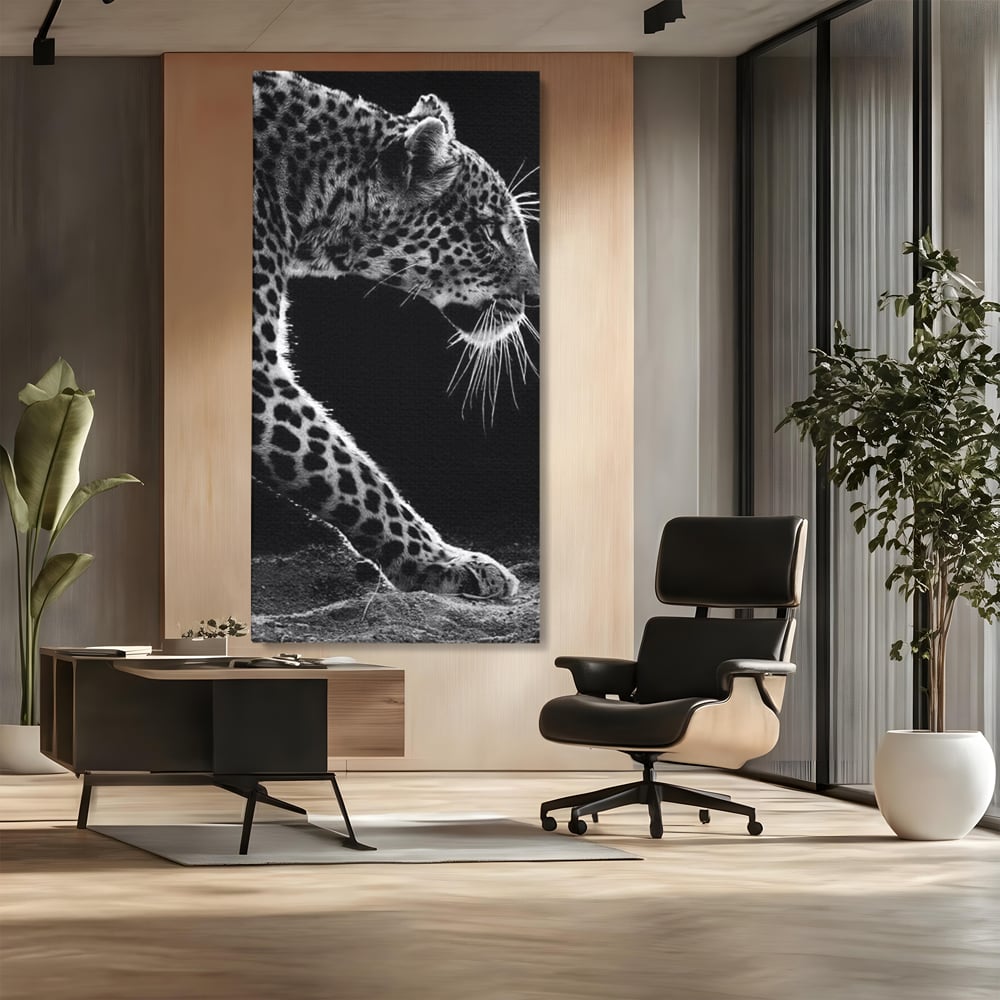 Tablou Canvas Premium, LuxCanva® M1178, Clipa de Atac, Leopard, Vanator, Salbatic, Alb si Negru, Profil, Felina, Portret, Atac, Realist, Puternic, Birou, Living, Camera Copil